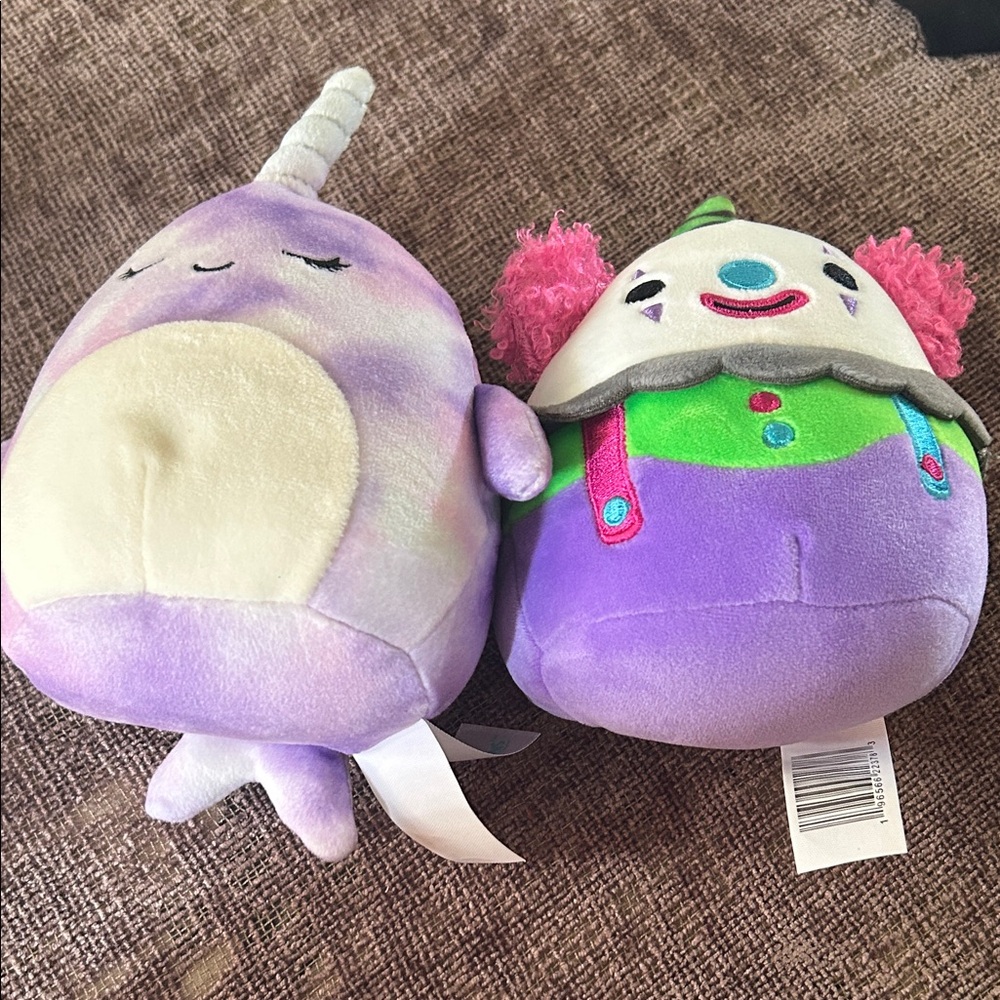 Squishmallows Lavender Narwhal and Colorful Clown Duo